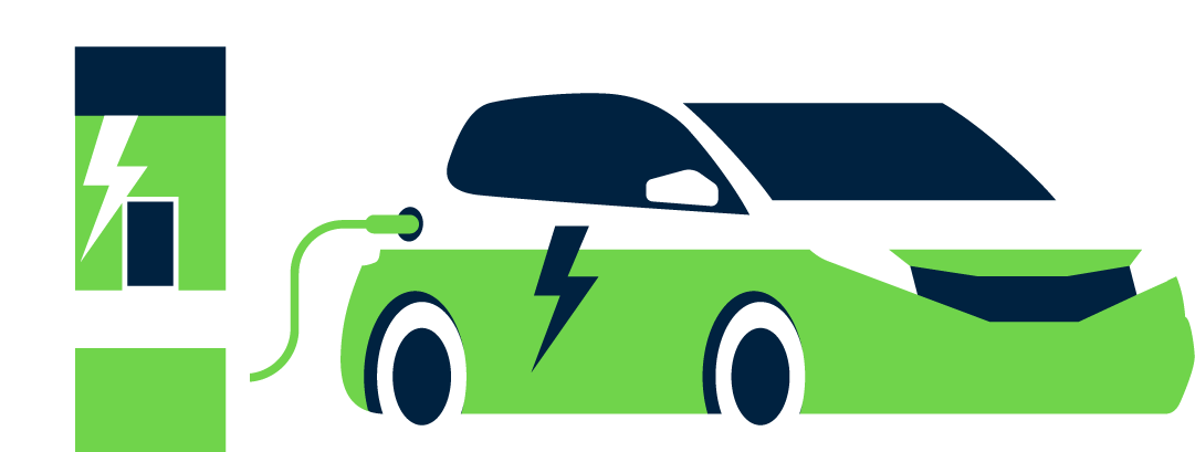 an illustration of a green car being charged at a charging station