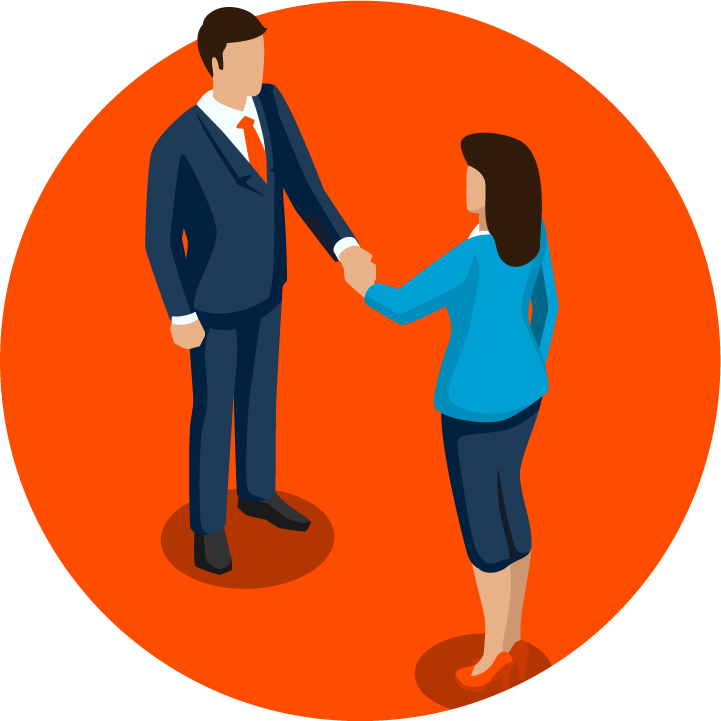 an illustration of a business man handshaking a business woman with an orange background