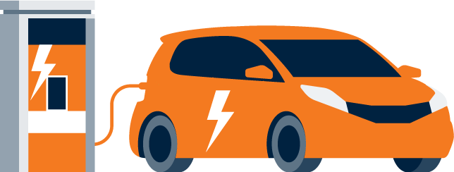 an illustration of an orange car being charged at a charging station
