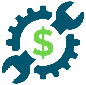 a symbol of a mix design between a cog and a ranch displaying a dollar sign in the middle