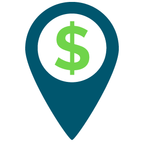an icon of a map marker with a dollar sign in the middle