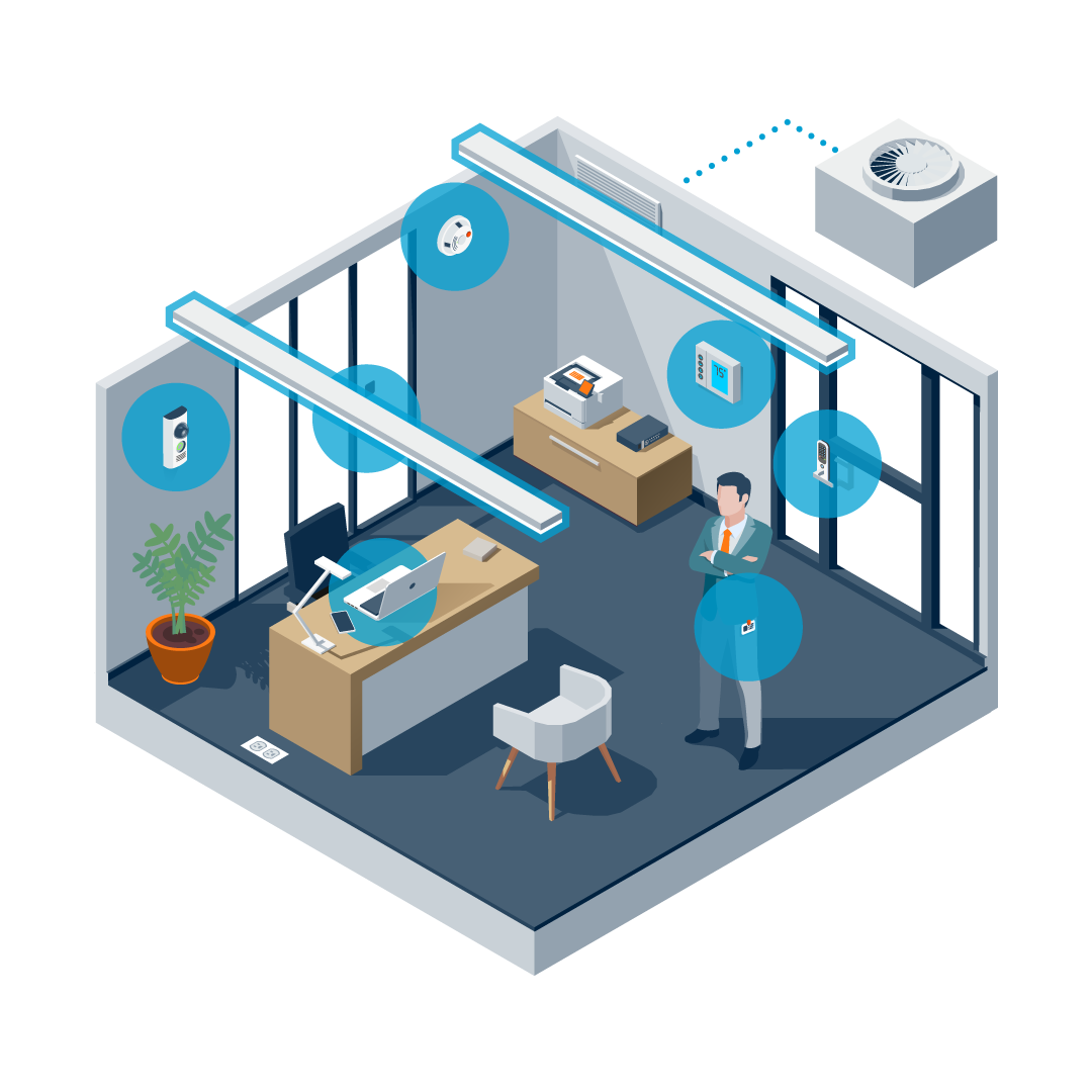 an Illustration that shows business man standing in the comfort of his highly sophisticated technology office