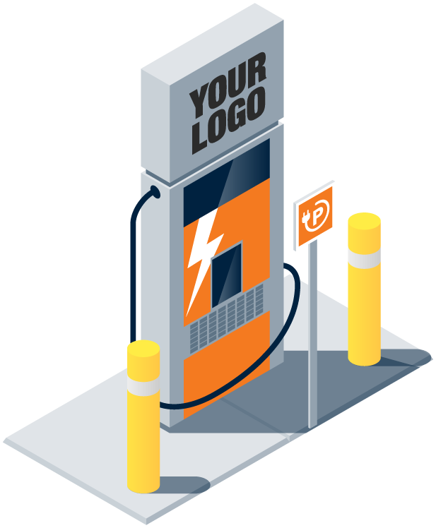 an illustration of a charging station with an available space for a company logo